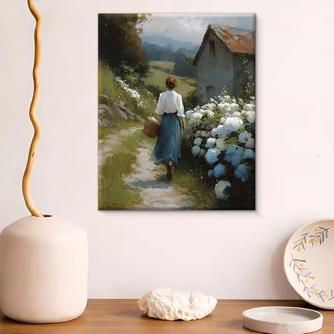 Vintage Country Woman Canvas Wall Art Rustic Floral Path Print Painting Cottagecore Wall Decor for Home Farmhouse Living Room 8x10 Inches Framed