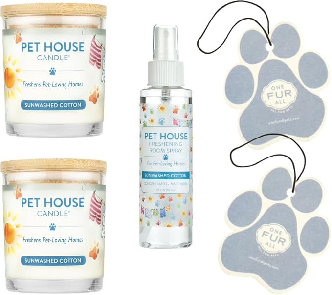One Fur All Pet House Value Pack – Plant-Based Soy, Clean Burning, Long-Lasting Pet Odor Candle for Home – Sunwashed Cotton