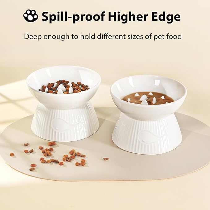 Raised Cat Slow Feeder, Ceramic Slow Feeder Cat Bowl, Upgraded Ridges to Prevent Vomiting and Indigestion, No Spill High Edge for Dry/Wet Food, Heavy and Stable, Easy to Clean Pet Bowls