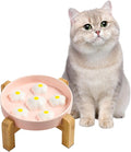 Elevated Slow Feeder Cat Bowl - Maze Puzzle Cat Food Dish with Bamboo Stand, Anti-Slip - Raised Base for Comfortable Eating - 6 OZ - White Flowers