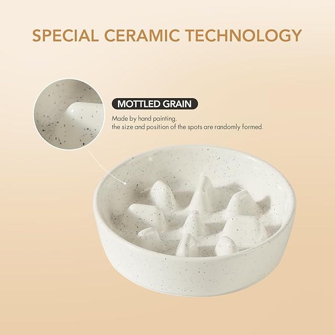Ceramic 0.9 Cup Raised Slow Feeder Dog Bowl Set, Elevated Bowl with Acacia Wood Stand for Small Dog and Cat, 6.1inch Slow Dog Food Dish, Helps Stop Bloat(1 Bowl & Stand, Vanilla White)