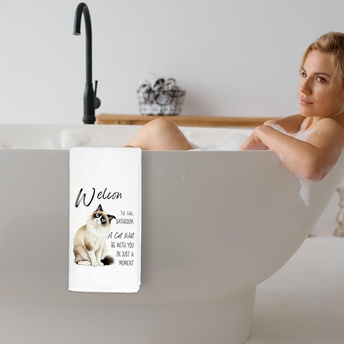 Funny Ragdoll Cat Bathroom Hand Towels, Cat Lovers Mom Dad Lady Gifts, Welcome to The Bathroom Cute Kitten Decorative Hand Towels for Washroom Restroom, 16x24 Inch