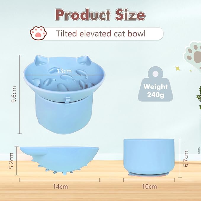 Silicone Slow Feeder Cat Bowl, Elevated Cat Slow Feeder with Suction Cups, Multi-Angle Tilt Design, No Black Chin, Suitable for Dry Wet Food (Light Blue)