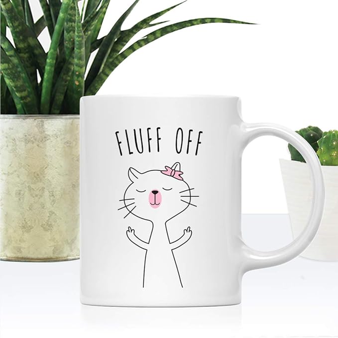 Andaz Press Funny Cat Lover 11oz. Ceramic Coffee Tea Mug, Fluff Off, 1-Pack, for Cat Mom, Birthday Christmas Ideas, Includes Box