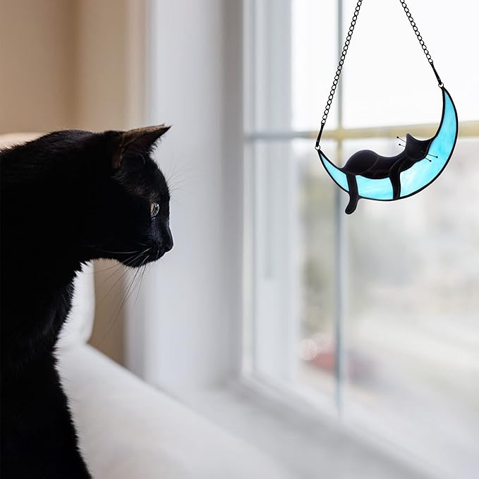 BOXCASA Black Cat on Moon Stained Glass Witchy Gifts for Women - Indoor Suncatchers for Windows Hanging,Christmas for Cat Lovers (with Suction Cups and Chains)