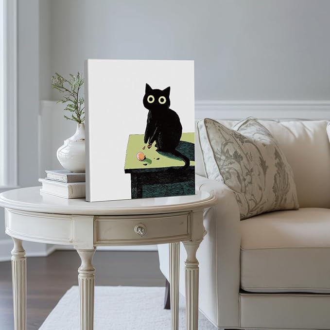 Modern Black Cat Wall Art Decor Cute Cartoon Kitten Print Picture Cat Lover Gifts Wall Decor for Home Living Room 8x10 Inch Canvas Framed