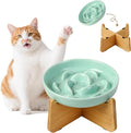 Elevated Slow Feeder Cat Bowl - Ceramic Cat Food Dish with Anti-Slip Bamboo Stand - Whisker Friendly Feeding Bowl - Raised Maze Plate for Slow Down Eating - Mint Green