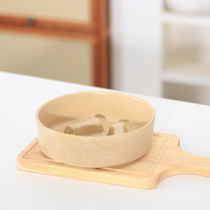 Ceramic Slow Feeder Cat Bowls 6 Inch Cute Bone Slow Feeding Dog Food Bowl,Whisker-Friendly, Anti-Vomiting Feeder for Cats and Small Dogs Non Slip Dishwasher/Microwave Safe (Khaki)