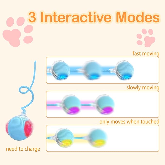 Interactive Cat Toys, 2025 Upgraded Cat Ball Automatic Moving with Tail, Interactive Kitty Toy for Indoor Cats, Smart 360° Self Rolling Dog Ball Toys (Blue)