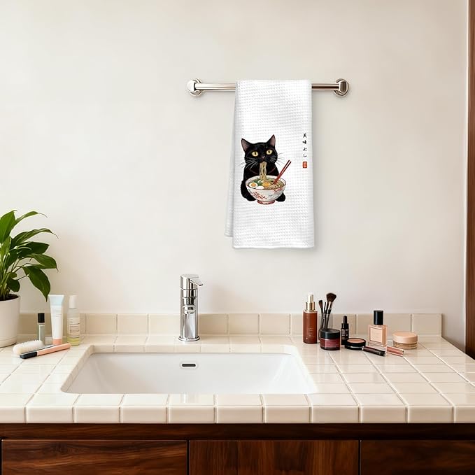 Funny Black Cat Kitchen Towel, Sushi Cat Lover Gifts Dish Towel, Japanese Ramen Noodles Sushi Black Kitty Decorative Hand Towel 16x24 Inch(B)