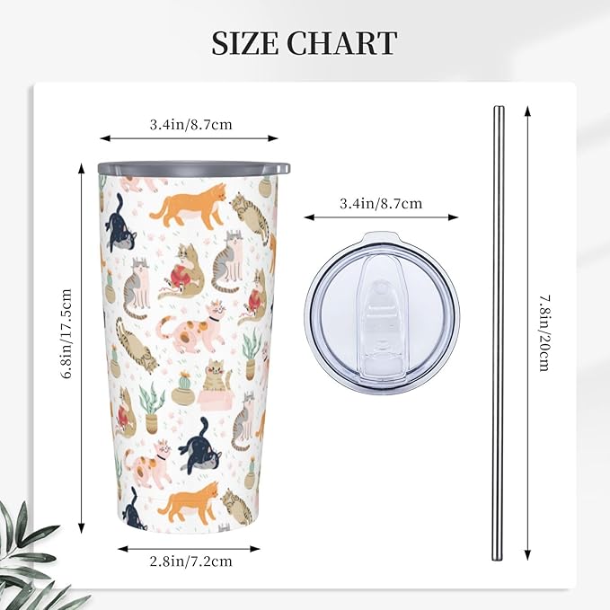 Cat Tumbler 20oz Cute Cats Stainless Steel Insulated Tumblers with Lid and Straw Animal Travel Coffee Mug Tea Wine Cups Water Bottle Cats Gifts for Women Cat Lover