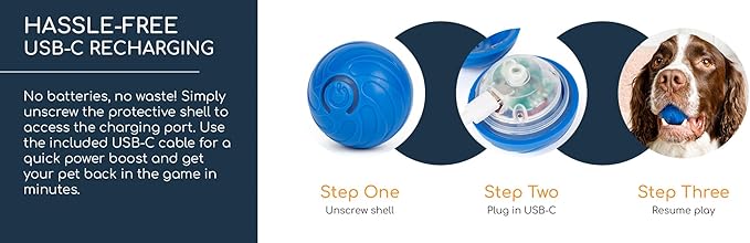 ZoomieBall Interactive Dog Ball Toy - Automatic Rolling & Bouncing, 3 Speed Modes, LED Lights, USB-C Rechargeable, Motion Activated Pet Toy (Blue)