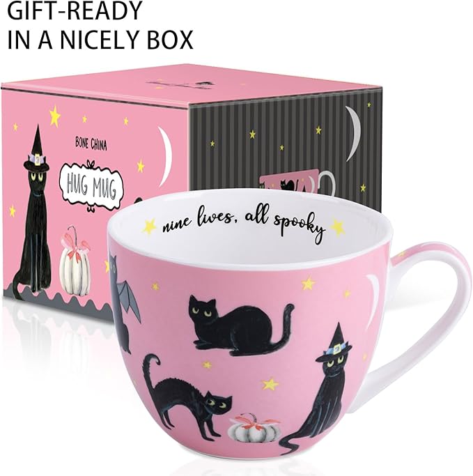 Black Cat Mugs - 20 oz Bone China Black Cat Coffee Mug with Pumpkin, Cute Spooky Holiday Gifts for Friends and Family, Designed in England by Harvest Green Studio