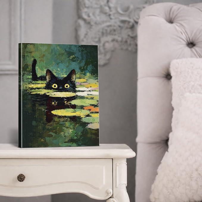 Vintage Cat Pond Wall Art Decor Funny Kitten in Lily Pond Print Picture Cat Lover Gifts Wall Decor for Home Living Room 8x10 Inch Canvas Framed