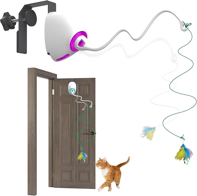 Cat Toy Feather and Mylar Crinkle Balls for Indoor Cats, Rechargeable Door Hanging Retractable Kitten String Toys,Electronic Self Play Cat Teaser Toy