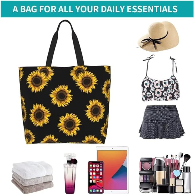 Funny Sunflower Theme Grocery Large Tote Bag for Women, Yellow Floral Print Shoulder Reusable Beach Shopping Handbags Casual Travel Polyester Sunflower Gifts for Teacher Mother