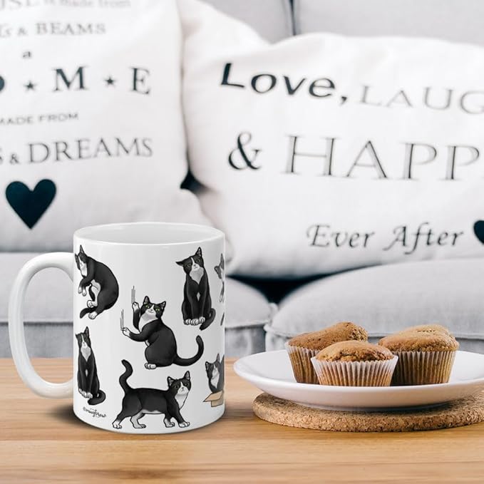 MUGBREW Black White Tuxedo Cat Playful Postures Ceramic Coffee Mug Tea Cup, 11 OZ
