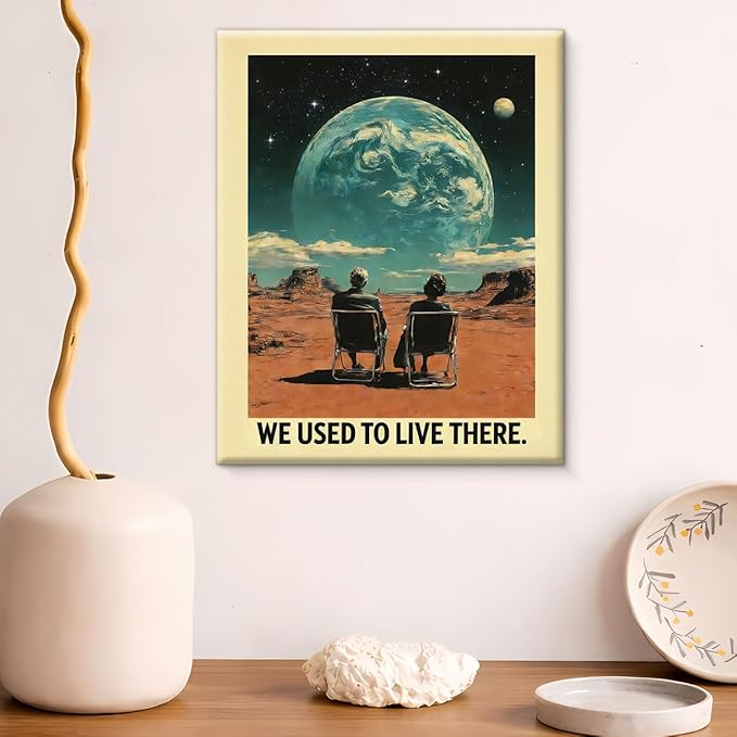 Retro Surreal Earth Canvas Wall Art Funny We Used to Live There Print Painting 70s Wall Decor for Home Living Room Bedroom 8x10 Inches Framed