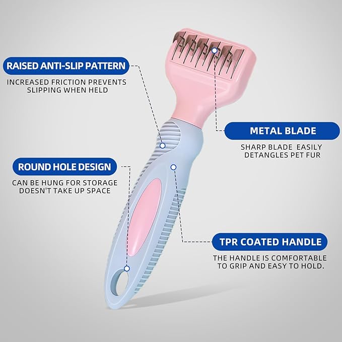 Professional Pink Pet Dematting Comb with Handle Metal Dog Comb Dematting Fur Rake Brush Pet Grooming Tool for Dogs and Cats Remove Loose Hair Mats Knots Tangles