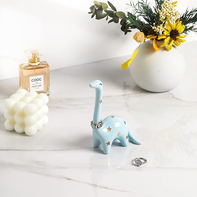PUDDING CABIN Blue Dinosaur Ring Holder Engagement Wedding Ring Stand, Rings Oragnizer, Mothers Day Christmas Birthday Gifts for Women, Dinosaur Decor