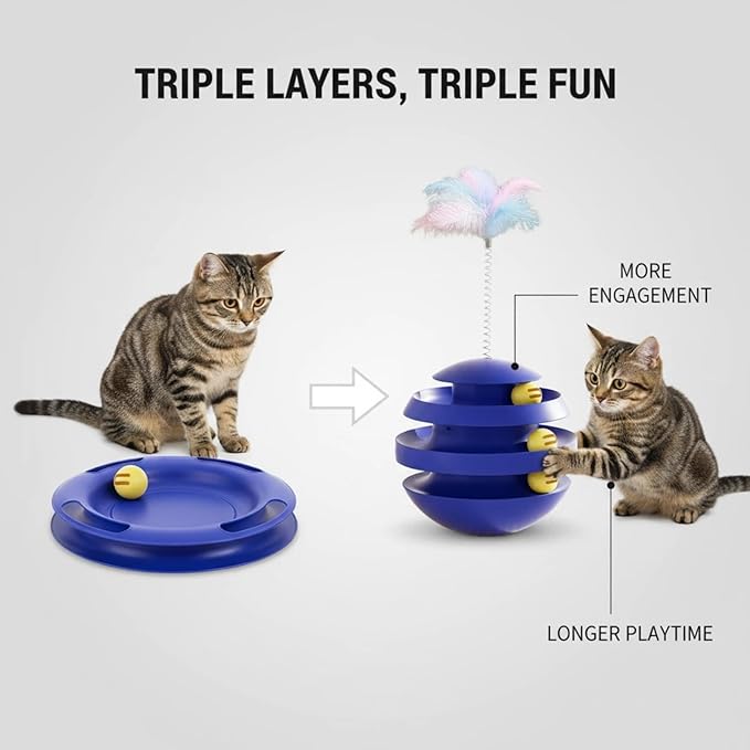 Cat Toys for Indoor Cats, Interactive Cat Toy Ball Track with Feather Sticks, 3 Spinning Balls, Wobble Rotating Tumbler Base for Bored Indoor Adult Cats to Play Alone, Reduce Anxiety(Blue).