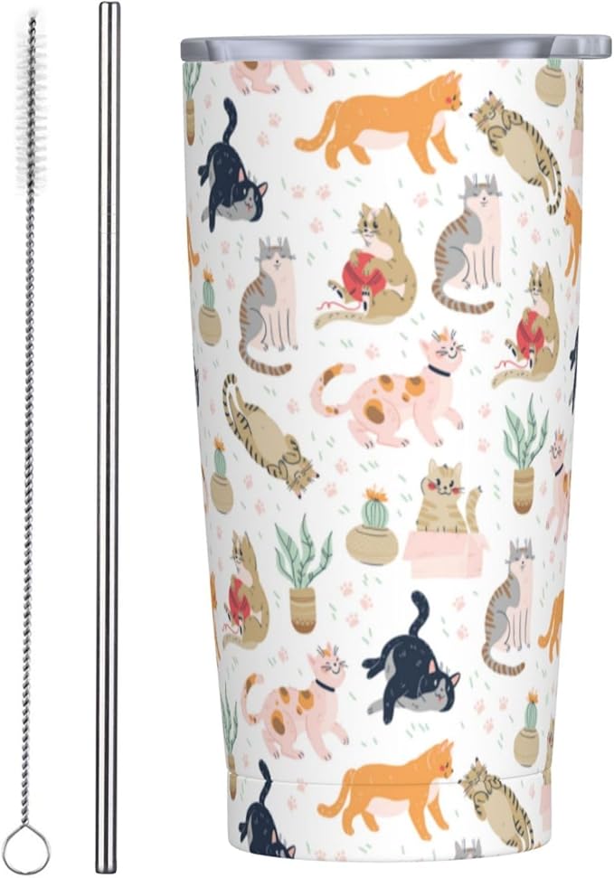 Cat Tumbler 20oz Cute Cats Stainless Steel Insulated Tumblers with Lid and Straw Animal Travel Coffee Mug Tea Wine Cups Water Bottle Cats Gifts for Women Cat Lover