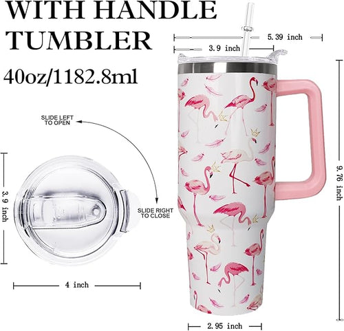 40 oz Pink Flamingo Tumbler with Handle, Lid and Straw - Flamingo Gift for Women - Coffee Mug, Water Bottle