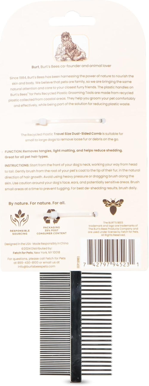 Burt's Bees for Pets Dual Sided Flea Comb with Handle Made from Recycled Plastics Collected from Coastal Communities, 2-in-1 Grooming Tool for Dogs, Dog Comb Removes Fleas & Flea Eggs