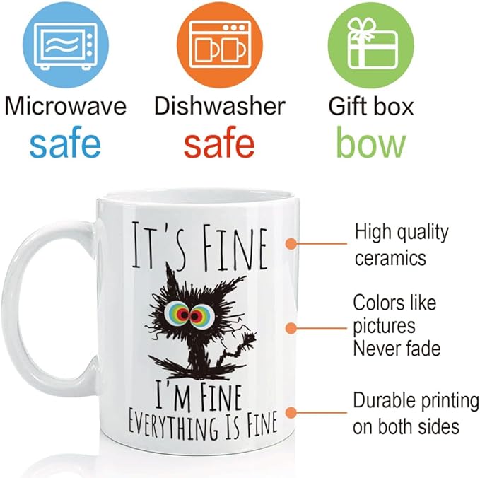FALJIOK Funny Cat Coffee Mug Gifts for Cat Lover, It's Fine I'm Fine Mug White 11oz, Funny Gifts for Best Friend Bestie, Cats Lover Gift for BIrthday Christmas