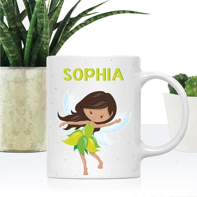 Andaz Press Personalized 11oz. Kids Milk Hot Chocolate Mug, Green Fairytale Princess, 1-Pack, Custom Child’s Birthday Christmas Coffee Cup