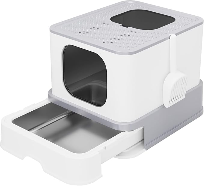 RIZZARI Stainless Steel Cat Box: Light Gray Covered Design with High Sides to Prevent Leaks - Spacious Interior & Non-Stick Coating for Odor Control - Easy-Clean Drawer - Bathroom or Living Room Use