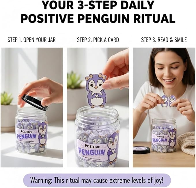 Positive Penguin Purple Jar with 60 Affirmation Cards, Emotional Support Penguin Gift, Penguin Gifts for Women, Best Friend Birthday Gifts, Funny Birthday Cards, Penguin Figurines and Penguin Decor
