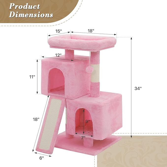 Athena Collection Small Cat Tree, Modern 34 Inch Cute Cat Tree Tower with Scratching Post 2 Condo Activity Platform and Playing Ball for Indoor, Pink