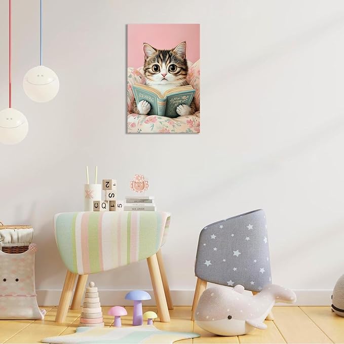 Funky Cute Cats Reading Books Canvas Wall Art Funny Pet Cat Animal Poster Trendy Pink Flower Wall Decor Cat Lovers Prints Painting For Home Bedroom Kids Room Dorm Wall Decor 8x12in Framed