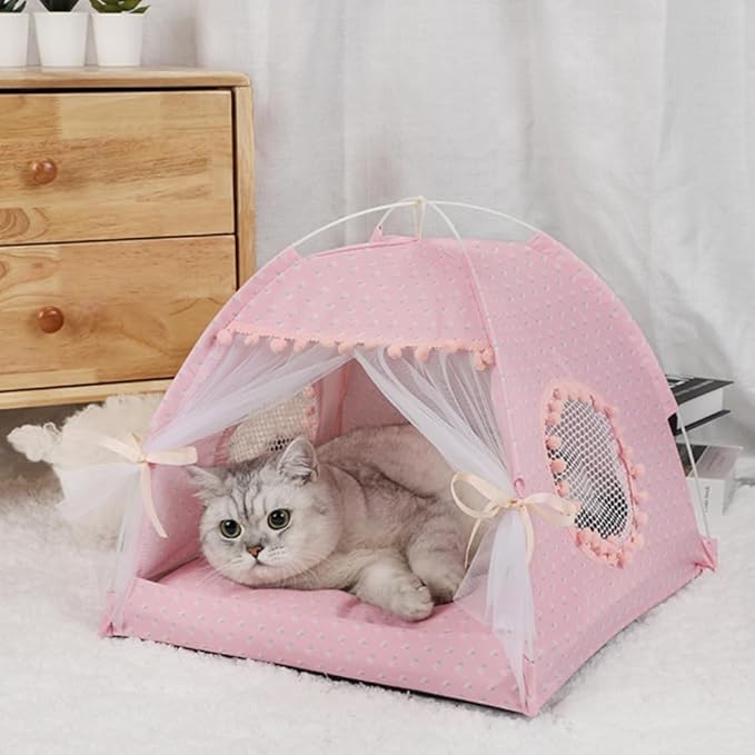 Selena Cat Bed Tents Dog House Indoor Outdoor Lace Mesh Breathable Windows Door Curtains Removable Portable Nest Teepe House (Large,Pink(Flower))