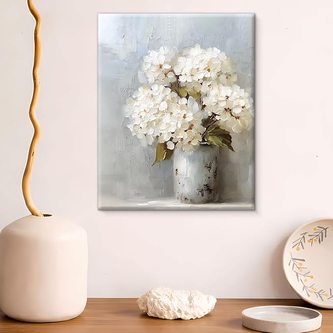 Vintage White Hydrangea Canvas Wall Art Rustic Neutral Floral Print Painting Cottagecore Wall Decor for Home Farmhouse Living Room 8x10 Inches Framed