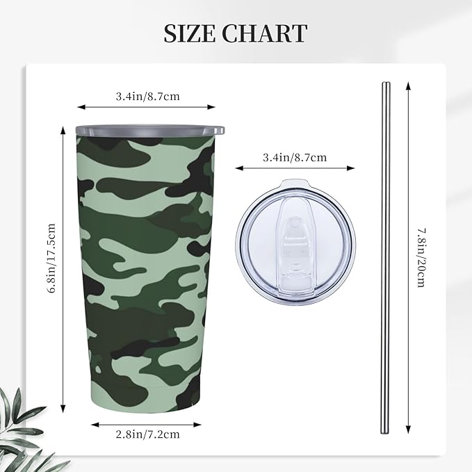 Camo Tumbler 20oz Camo Stainless Steel Insulated Tumblers with Lid and Straw Green Travel Coffee Mug Tea Wine Cups Water Bottle Holiday Gifts for Women