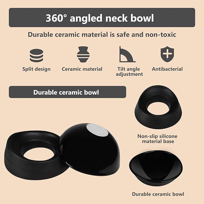 French Bulldog Food Bowl- Slanted Tilted Pug Food Water Bowl,Cat Bowl- Feeder for Frenchie/Shih Tzu/Flat Faced Small Dogs/Puppies/Cats (Black（Ceramic）, 2 Cup)