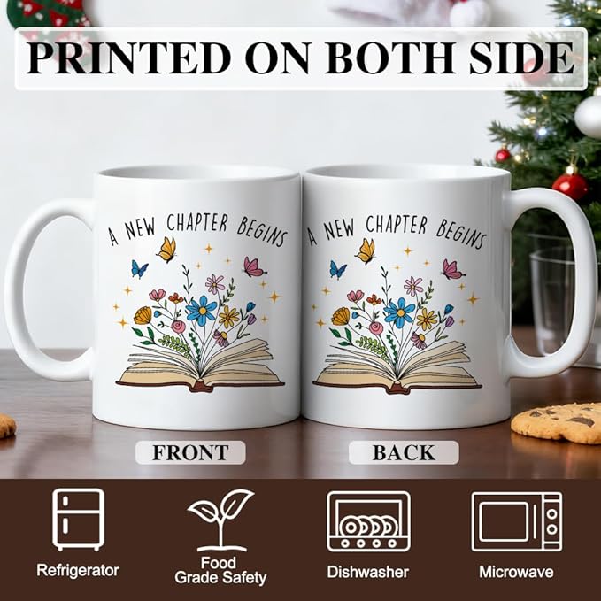 A New Chapter Begins Ceramic Coffee Mug for Women, Funny Floral Book 11oz Coffee Cup Gifts for Coworker, Retirement Farewell Mug Gifts, Going Away Good Luck Graduation Present