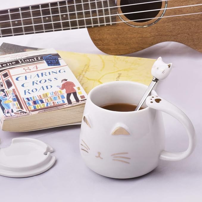 White Cat Mug, Cute Kitty Ceramic Coffee Mug with Stainless Steel Spoon, Novelty Coffee Mug Cup for Cat Lovers Women Girls