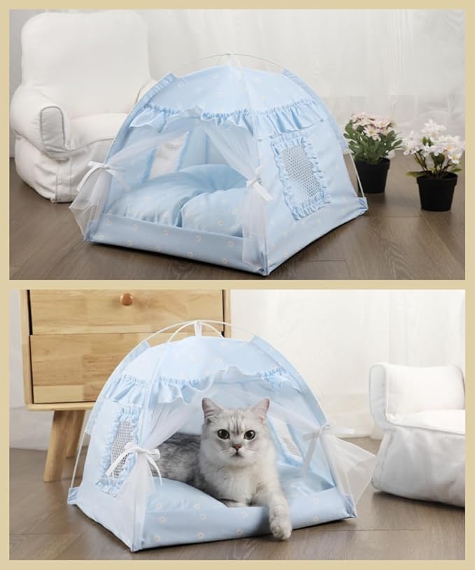 Selena Cat Bed Tents Dog House Indoor Outdoor Lace Mesh Breathable Windows Door Curtains Removable Portable Nest Teepe House (Large,Blue)