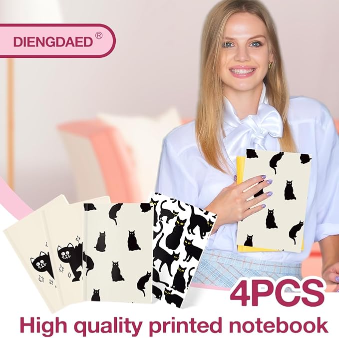 Cat Lined Notebooks for Work, 4 Pcs A5(8.26x5.7inch) College Ruled Notebook Journal for Women, Cute Notepads Journals for Writing, Cute Diary Stationary Cat Lover Gifts 1