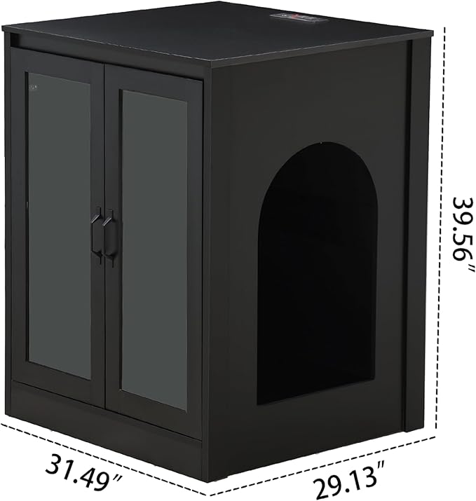 Cat Litter Enclosure with Cat-Viewing Glass Doors, Litter Cabinet with Power Outlet and Cozy LED Lights, Reversible and Optional Entry, Black
