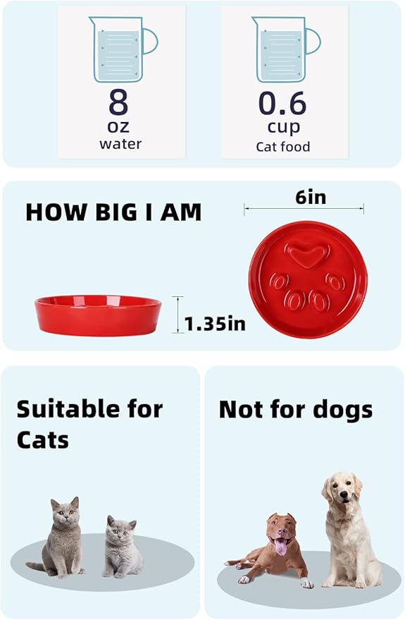 Slow Feeder Cat Bowls, Ceramic Fun Slow Eater Bowl for Cats (Red)