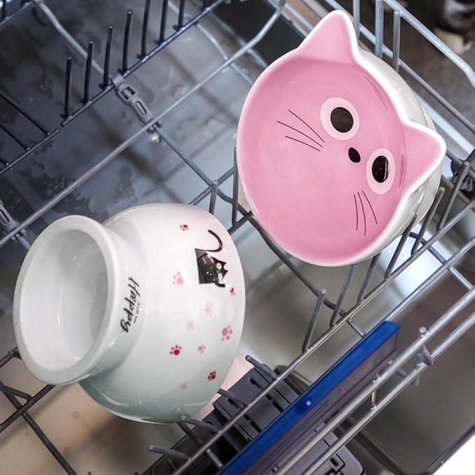 Porcelain Raised cat Bowl, 15-Ounce Raised Porcelain pet Bowl - Protects Your pet's Spine, Large-Capacity Non-Overflowing pet Bowl with Anti-Slip Strap, Dishwasher Safe (Pink)