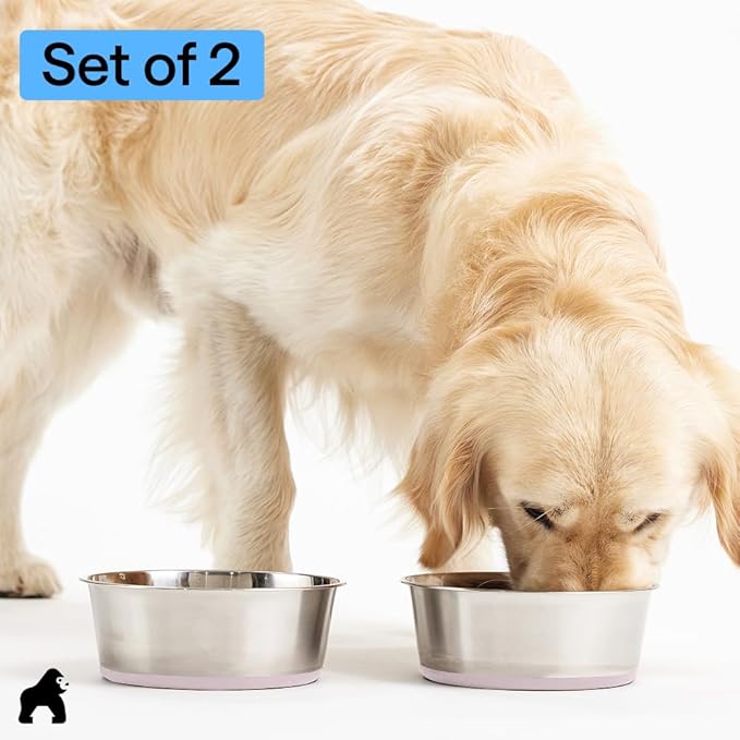 GORILLA GRIP Dog Bowls, Food Grade 304 Stainless Steel, Holds 8 Cups Each (64 fl oz) Food and Water Bowl for Feeding Dogs and Cats, Dishwasher Safe, Rust Resistant, BPA Free Rubber Base Set of 2 Pink