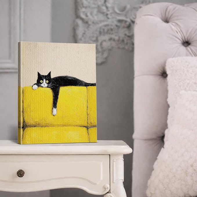 Vintage Black Cat Wall Art Decor Funny Kitten on Couch Print Picture Cat Lover Gifts Wall Decor for Home Living Room 8x10 Inch Canvas Framed
