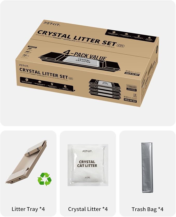 PETKIT Crystal Cat Litter with Tray, Suitable for Purobot Crystal Duo Automatic Litter Box, Dust-Free Mess-Free No Refilling, Odor Control (White-Original Unscented, 4.5 lb×4 Packs)