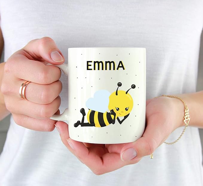 Andaz Press Personalized 11oz. Kids Milk Hot Chocolate Mug, Busy Bee Posture 4, 1-Pack, Custom Child’s Birthday Christmas Coffee Cup