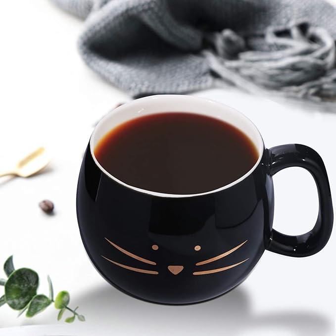 Koolkatkoo Cute Cat Coffee Mug With Cell Phone Holder Lid - Unique Ceramic Tea Porcelain Cup for Cat Lovers - Gold Black Gift for Women